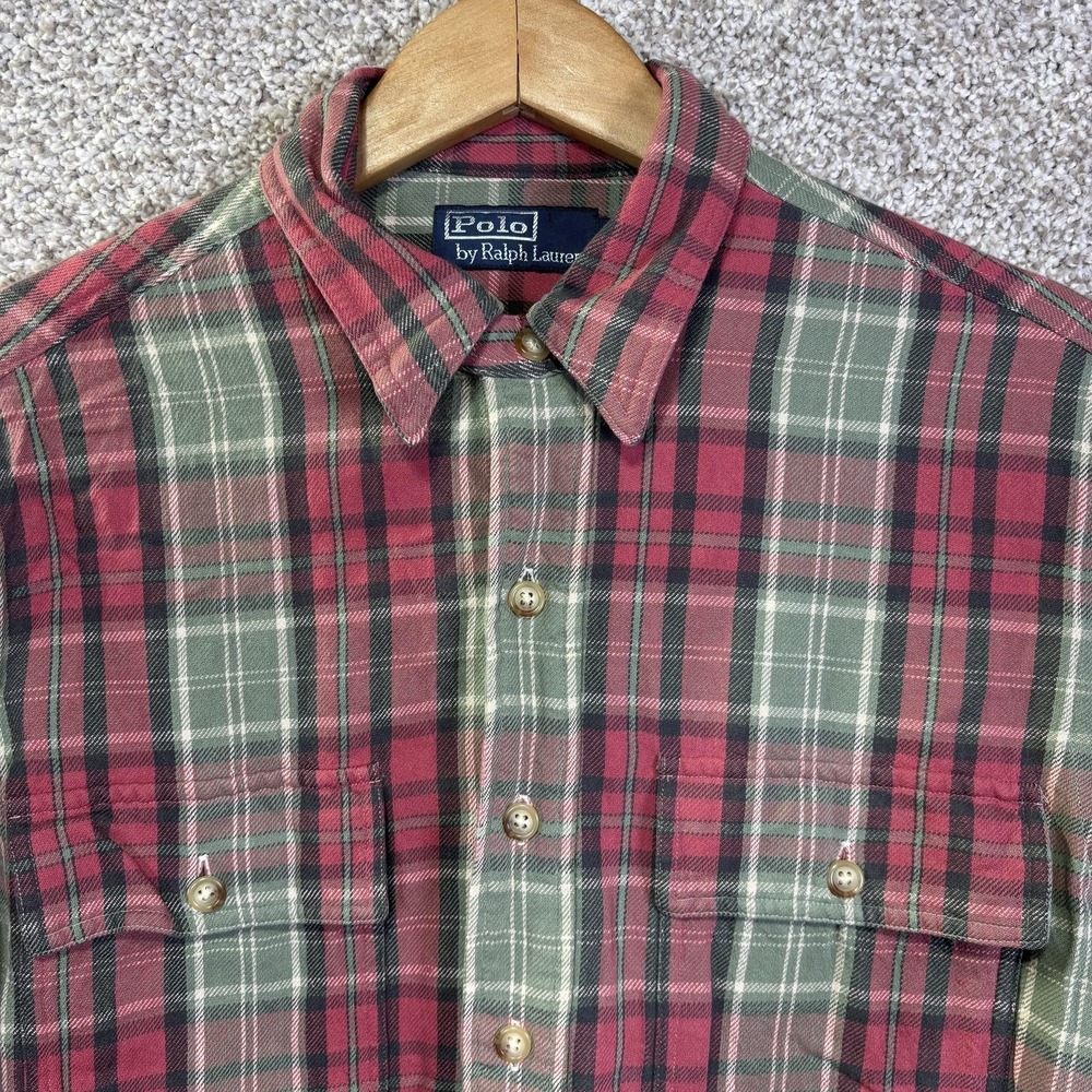 Polo Ralph Lauren Shirt Mens‎ Medium Red Green Plaid Long Sleeve Button Up